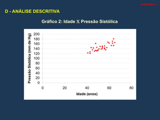 Gráfico 2: Idade  Pressão Sistólica
0
20
40
60
80
100
120
140
160
180
200
0 20 40 60 80
Idade (anos)
Pressão
Sistólica
(mm
de
Hg)
PROBLEMA 10
D - ANÁLISE DESCRITIVA
 
