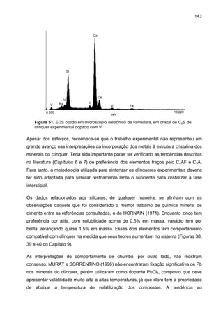 143

Figura 51. EDS obtido em microscópio eletrônico de varredura, em cristal de C2S de
clínquer experimental dopado com V

Apesar dos esforços, reconhece-se que o trabalho experimental não representou um
grande avanço nas interpretações da incorporação dos metais à estrutura cristalina dos
minerais do clínquer. Teria sido importante poder ter verificado as tendências descritas
na literatura (Capítulos 6 e 7) de preferência dos elementos traços pelo C4AF e C3A.
Para tanto, a metodologia utilizada para sinterizar os clínqueres experimentais deveria
ter sido adaptada para simular resfriamento lento o suficiente para cristalizar a fase
intersticial.
Os dados relacionados aos silicatos, de qualquer maneira, se alinham com as
observações daquele que foi considerado o melhor trabalho de química mineral de
cimento entre as referências consultadas, o de HORNAIN (1971). Enquanto zinco tem
preferência por alita, com solubilidade acima de 0,5% em massa, vanádio tem por
belita, alcançando quase 1,5% em massa. Esses dois elementos têm comportamento
compatível com clínquer na medida que seus teores aumentam no sistema (Figuras 38,
39 e 40 do Capítulo 9).
As interpretações do comportamento de chumbo, por outro lado, não mostram
consenso. MURAT e SORRENTINO (1996) não encontraram fixação significativa de Pb
nos minerais do clínquer, porém utilizaram como dopante PbCl2, composto que deve
apresentar volatilidade muito alta a altas temperaturas, já que cloro tem a propriedade
de abaixar a temperatura de volatilização dos compostos. A tendência ao

 