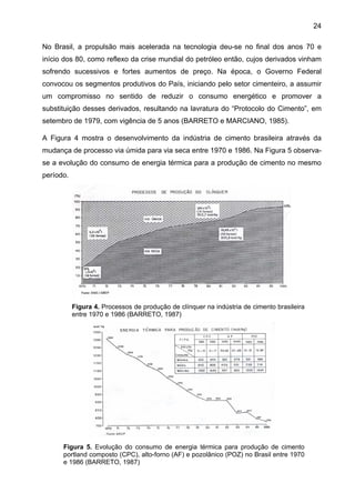 24
No Brasil, a propulsão mais acelerada na tecnologia deu-se no final dos anos 70 e
início dos 80, como reflexo da crise mundial do petróleo então, cujos derivados vinham
sofrendo sucessivos e fortes aumentos de preço. Na época, o Governo Federal
convocou os segmentos produtivos do País, iniciando pelo setor cimenteiro, a assumir
um compromisso no sentido de reduzir o consumo energético e promover a
substituição desses derivados, resultando na lavratura do “Protocolo do Cimento”, em
setembro de 1979, com vigência de 5 anos (BARRETO e MARCIANO, 1985).
A Figura 4 mostra o desenvolvimento da indústria de cimento brasileira através da
mudança de processo via úmida para via seca entre 1970 e 1986. Na Figura 5 observase a evolução do consumo de energia térmica para a produção de cimento no mesmo
período.

Figura 4. Processos de produção de clínquer na indústria de cimento brasileira
entre 1970 e 1986 (BARRETO, 1987)

Figura 5. Evolução do consumo de energia térmica para produção de cimento
portland composto (CPC), alto-forno (AF) e pozolânico (POZ) no Brasil entre 1970
e 1986 (BARRETO, 1987)

 
