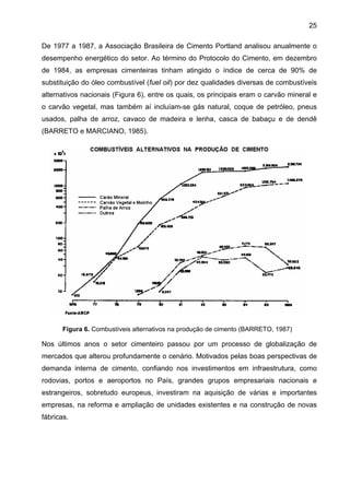 25
De 1977 a 1987, a Associação Brasileira de Cimento Portland analisou anualmente o
desempenho energético do setor. Ao término do Protocolo do Cimento, em dezembro
de 1984, as empresas cimenteiras tinham atingido o índice de cerca de 90% de
substituição do óleo combustível (fuel oil) por dez qualidades diversas de combustíveis
alternativos nacionais (Figura 6), entre os quais, os principais eram o carvão mineral e
o carvão vegetal, mas também aí incluíam-se gás natural, coque de petróleo, pneus
usados, palha de arroz, cavaco de madeira e lenha, casca de babaçu e de dendê
(BARRETO e MARCIANO, 1985).

Figura 6. Combustíveis alternativos na produção de cimento (BARRETO, 1987)

Nos últimos anos o setor cimenteiro passou por um processo de globalização de
mercados que alterou profundamente o cenário. Motivados pelas boas perspectivas de
demanda interna de cimento, confiando nos investimentos em infraestrutura, como
rodovias, portos e aeroportos no País, grandes grupos empresariais nacionais e
estrangeiros, sobretudo europeus, investiram na aquisição de várias e importantes
empresas, na reforma e ampliação de unidades existentes e na construção de novas
fábricas.

 