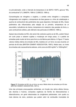 48
no pré-calcinador, onde o intervalo de temperatura é de 820ºC-1100oC, gera-se “NOx
do combustível” (F.L.SMIDTH, 1999 d; C.GRECO, 1999 a).
Concentrações de nitrogênio e oxigênio, o contato entre nitrogênio e compostos
nitrogenados com oxigênio, a temperatura da fase gasosa e o ritmo de volatilização e
queima do combustível são parâmetros dos quais depende a formação de NOx. Esses
parâmetros são influenciados pela relação de ar primário, temperatura de ar
secundário, turbulência da chama, temperatura do material e das paredes do forno, e,
para combustíveis sólidos, pelo diâmetro das partículas (C.GRECO, 1999 a).
Apesar das emissões de NOx não serem tão variáveis quanto as de SO2, podem flutuar
em curto prazo e estarem sujeitas a mudanças em longo prazo, e o padrão de
emissões pode mudar de forno para forno ou de fábrica para fábrica. A Figura 17 ilustra
valores médios diários de emissão de NOx medidos em um forno via seca durante um
período de 60 dias (BRITISH CEMENT ASSOCIATION, 1997c). Neste caso, os níveis
de emissões são razoavelmente estáveis, entre cerca de 800 mg/Nm3 e 1000mg/Nm3.

Figura 17. Emissões de NOx de um forno via seca. Média diária de emissões por 60 dias
(BRITISH CEMENT ASSOCIATION, 1997 b)

Uma das principais preocupações ambientais, em função dos sérios efeitos tóxicos,
são dioxinas e furanos, compostos orgânicos da família de dibenzodioxinas e
dibenzofuranos, em geral relacionadas às congêneres policloradas, com quatro ou
mais átomos de cloro, produtos que podem advir de combustão incompleta de

 