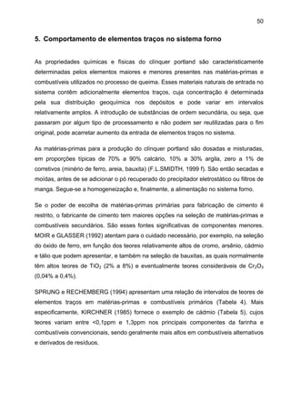 50

5. Comportamento de elementos traços no sistema forno
As propriedades químicas e físicas do clínquer portland são caracteristicamente
determinadas pelos elementos maiores e menores presentes nas matérias-primas e
combustíveis utilizados no processo de queima. Esses materiais naturais de entrada no
sistema contêm adicionalmente elementos traços, cuja concentração é determinada
pela sua distribuição geoquímica nos depósitos e pode variar em intervalos
relativamente amplos. A introdução de substâncias de ordem secundária, ou seja, que
passaram por algum tipo de processamento e não podem ser reutilizadas para o fim
original, pode acarretar aumento da entrada de elementos traços no sistema.
As matérias-primas para a produção do clínquer portland são dosadas e misturadas,
em proporções típicas de 70% a 90% calcário, 10% a 30% argila, zero a 1% de
corretivos (minério de ferro, areia, bauxita) (F.L.SMIDTH, 1999 f). São então secadas e
moídas, antes de se adicionar o pó recuperado do precipitador eletrostático ou filtros de
manga. Segue-se a homogeneização e, finalmente, a alimentação no sistema forno.
Se o poder de escolha de matérias-primas primárias para fabricação de cimento é
restrito, o fabricante de cimento tem maiores opções na seleção de matérias-primas e
combustíveis secundários. São esses fontes significativas de componentes menores.
MOIR e GLASSER (1992) atentam para o cuidado necessário, por exemplo, na seleção
do óxido de ferro, em função dos teores relativamente altos de cromo, arsênio, cádmio
e tálio que podem apresentar, e também na seleção de bauxitas, as quais normalmente
têm altos teores de TiO2 (2% a 8%) e eventualmente teores consideráveis de Cr2O3
(0,04% a 0,4%).
SPRUNG e RECHEMBERG (1994) apresentam uma relação de intervalos de teores de
elementos traços em matérias-primas e combustíveis primários (Tabela 4). Mais
especificamente, KIRCHNER (1985) fornece o exemplo de cádmio (Tabela 5), cujos
teores variam entre <0,1ppm e 1,3ppm nos principais componentes da farinha e
combustíveis convencionais, sendo geralmente mais altos em combustíveis alternativos
e derivados de resíduos.

 