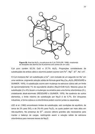 77

Figura 28. Anel de Al6O18 na estrutura do C3A (TAYLOR, 1998), mostrando
as situações dos átomos de Al próximos aos cantos de um cubo.

C3A puro contém 62,3% CaO e 37,7% Al2O3. Proporções consideráveis de
substituições de ambos cálcio e alumínio podem ocorrer com Fe3+, Mg2+, Si4+, Na+ e K+.
O C3A incorpora Na+ em substituição a Ca2+, com inclusão de um segundo íon Na+ em
uma vacância, originando solução sólida de fórmula geral Na2xCa3-xAl2O6 (REGOURD e
GUINIER, 1976). A substituição ocorre sem mudança na estrutura cúbica até um limite
de aproximadamente 1% de equivalente alcalino (Na2O+0,66 K2O). Maiores graus de
substituição (2 a 4%) levam a mudanças na simetria para uma forma ortorrômbica (O1),
cristalizando álcali-aluminato (REGOURD e GUINIER, 1976). Na ausência de outros
elementos, o limite máximo de substituição por Na2O é de 5,7%. Em clínqueres
industriais, a forma cúbica e a ortorrômbica podem ocorrer juntas ou separadas.
LEE et al. (1982) encontraram limites de substituição, sob condições de equilíbrio, de
cerca de 2% para SiO2 e de 3%-4% para Fe2O3, os quais podem ser mais altos em
não-equilíbrio. Na presença de Si4+, poucos cátions grandes são necessários para
manter o balanço de cargas, restringindo assim a solução sólida da estrutura
ortorrômbica para menores teores de Na2O.

 