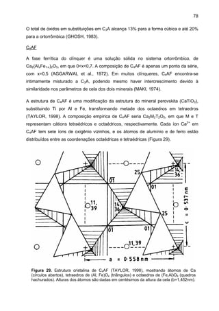 78
O total de óxidos em substituições em C3A alcança 13% para a forma cúbica e até 20%
para a ortorrômbica (GHOSH, 1983).
C4AF
A fase ferrítica do clínquer é uma solução sólida no sistema ortorrômbico, de
Ca2(AlxFe1-x)2O5, em que 0<x<0,7. A composição de C4AF é apenas um ponto da série,
com x=0,5 (AGGARWAL et al., 1972). Em muitos clínqueres, C4AF encontra-se
intimamente misturado a C3A, podendo mesmo haver intercrescimento devido à
similaridade nos parâmetros de cela dos dois minerais (MAKI, 1974).
A estrutura de C4AF é uma modificação da estrutura do mineral perovskita (CaTiO3),
substituindo Ti por Al e Fe, transformando metade dos octaedros em tetraedros
(TAYLOR, 1998). A composição empírica de C4AF seria Ca2M2T2O5, em que M e T
representam cátions tetraédricos e octaédricos, respectivamente. Cada íon Ca2+ em
C4AF tem sete íons de oxigênio vizinhos, e os átomos de alumínio e de ferro estão
distribuídos entre as coordenações octaédricas e tetraédricas (Figura 29).

Figura 29. Estrutura cristalina de C4AF (TAYLOR, 1998), mostrando átomos de Ca
(círculos abertos), tetraedros de (Al, Fe)O4 (triângulos) e octaedros de (Fe,Al)O6 (quadros
hachurados). Alturas dos átomos são dadas em centésimos da altura da cela (b=1,452nm).

 