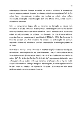 83
matéria-prima alterados depende sobretudo da estrutura cristalina. A temperaturas
maiores, essa dependência é menor, os minerais estáveis e metaestáveis (CaO, C2S e
outras fases intermediárias) formados nas reações de estado sólido sofrem
dissociação, dissolução e recristalização, com forte difusão iônica, dando origem a
novas fases cristalinas.
Entre os componentes traços, são os elementos de transição os objetos mais
freqüentes de estudo, em função da configuração eletrônica particular que lhes confere
um comportamento distinto dos outros elementos, como a possibilidade de existir como
óxidos em vários estados de oxidação, e a formação de íons de carga elevada,
podendo afetar os mecanismos de substituição (HORNAIN, 1971). Os elementos de
transição exercem um efeito marcante no processo de sinterização, na estrutura
cristalina e textura dos minerais do clínquer, e nas reações de hidratação (KAKALI et
al., 1998).
Os metais de transição têm a habilidade de modificar as propriedades da fase líquida,
relacionada à eletronegatividade dos íons (TIMASHEV, 1980). A viscosidade e tensão
superficial diminuem à medida que o estado de oxidação dos elementos aumenta, na
ordem Cd2+>Zn>Ni>Cu>Co>Fe>Mn>Ti>Cr>V>W>Mo6+, correspondendo também a um
enfraquecimento do caráter ácido dos elementos e fortalecimento da ligação metaloxigênio. Quanto maior a energia da ligação metal-oxigênio, ou maior o potencial iônico
do íon, maior é a redução na viscosidade do líquido. As correlações entre esses
parâmetros estão representadas na Figura 30.

 