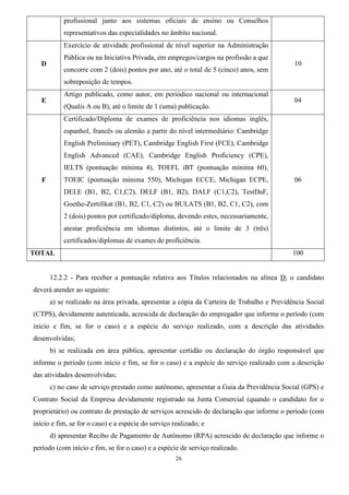 26
profissional junto aos sistemas oficiais de ensino ou Conselhos
representativos das especialidades no âmbito nacional.
D
Exercício de atividade profissional de nível superior na Administração
Pública ou na Iniciativa Privada, em empregos/cargos na profissão a que
concorre com 2 (dois) pontos por ano, até o total de 5 (cinco) anos, sem
sobreposição de tempos.
10
E
Artigo publicado, como autor, em periódico nacional ou internacional
(Qualis A ou B), até o limite de 1 (uma) publicação.
04
F
Certificado/Diploma de exames de proficiência nos idiomas inglês,
espanhol, francês ou alemão a partir do nível intermediário: Cambridge
English Preliminary (PET), Cambridge English First (FCE), Cambridge
English Advanced (CAE), Cambridge English Proficiency (CPE),
IELTS (pontuação mínima 4), TOEFL iBT (pontuação mínima 60),
TOEIC (pontuação mínima 550), Michigan ECCE, Michigan ECPE,
DELE (B1, B2, C1,C2), DELF (B1, B2), DALF (C1,C2), TestDaF,
Goethe-Zertifikat (B1, B2, C1, C2) ou BULATS (B1, B2, C1, C2), com
2 (dois) pontos por certificado/diploma, devendo estes, necessariamente,
atestar proficiência em idiomas distintos, até o limite de 3 (três)
certificados/diplomas de exames de proficiência.
06
TOTAL 100
12.2.2 - Para receber a pontuação relativa aos Títulos relacionados na alínea D, o candidato
deverá atender ao seguinte:
a) se realizado na área privada, apresentar a cópia da Carteira de Trabalho e Previdência Social
(CTPS), devidamente autenticada, acrescida de declaração do empregador que informe o período (com
início e fim, se for o caso) e a espécie do serviço realizado, com a descrição das atividades
desenvolvidas;
b) se realizada em área pública, apresentar certidão ou declaração do órgão responsável que
informe o período (com início e fim, se for o caso) e a espécie do serviço realizado com a descrição
das atividades desenvolvidas;
c) no caso de serviço prestado como autônomo, apresentar a Guia da Previdência Social (GPS) e
Contrato Social da Empresa devidamente registrado na Junta Comercial (quando o candidato for o
proprietário) ou contrato de prestação de serviços acrescido de declaração que informe o período (com
início e fim, se for o caso) e a espécie do serviço realizado; e
d) apresentar Recibo de Pagamento de Autônomo (RPA) acrescido de declaração que informe o
período (com início e fim, se for o caso) e a espécie de serviço realizado.
 