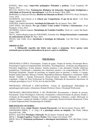 55
RANGEL, Mary (org.). Supervisão pedagógica: Princípios e práticas. 12.ed. Campinas, SP:
Papirus, 2013.
RELVAS, MARTA Pires. Fundamentos Biológicos da Educação: Despertando Inteligências e
Afetividade no Processo de Aprendizagem. 4.ed. Rio de Janeiro: Wak, 2009.
ROMANELLI, Otaíza de Oliveira. História da Educação no Brasil: (1930/1973). 40.ed. Petrópolis:
Vozes, 2014.
SACRISTÁN, José Gimeno et al. Educar por Competências. O que há de novo?. 1.ed. Porto
Alegre: Artmed, 2011.
SÁNCHES, Antônio Hernández. Sociologia da Educação. Rio de Janeiro: Thex, 2001.
SANT‟ANNA, Ilza Martins. Por que avaliar? Como avaliar? Critérios e instrumentos. 16.ed.
Petrópolis: Vozes, 2013.
SEVERINO, Antônio Joaquim. Metodologia do Trabalho Científico. 24.ed. rev. e atual. São Paulo:
Cortez, 2007.
SILVA, Andreza Regina Lopes da; ESPANHOL, Fernando José. Design Instrucional: a construção
do conhecimento na EaD. SP: Paco, 2014.
SOUZA, João Valdir Alves. Introdução à Sociologia da Educação. 3.ed. São Paulo: Autêntica,
2007.
OBSERVAÇÃO:
A bibliografia sugerida não limita nem esgota o programa. Serve apenas como
orientação para as bancas elaboradoras de provas e para os candidatos.
PSICOLOGIA
PSICOLOGIA CLÍNICA: Psicoterapias: Terapia de grupo, Terapia de família, Psicoterapia Breve,
Psicoterapia Cognitivo-Comportamental, Psicanálise. Psicodiagnóstico: Avaliação psicodiagnóstica;
Princípios diagnósticos; Exame psíquico: funções psíquicas e suas alterações; Grandes síndromes
psiquiátricas; Classificação e tratamento dos transtornos mentais e do comportamento da CID-10.
Psicologia Hospitalar: Atuação do psicólogo no hospital junto ao paciente, à família e à equipe;
Relação médico-paciente; Doença e Família. Dependência Química: Diagnóstico e tratamento. Saúde
Mental, Trabalho e Atenção Psicossocial; Desenvolvimento Humano; Mediação de conflitos.
Legislação: Código de Ética Profissional do Psicólogo, Elaboração de documentos decorrentes de
avaliação psicológica e Lei nº 10.216, de 6 de abril de 2001.
PSICOLOGIA ESCOLAR E EDUCACIONAL: Teorias da Aprendizagem, Dificuldades de
aprendizagem (prevenção e obstáculos), Relação Professor-Aluno e Orientação Profissional.
PSICOLOGIA ORGANIZACIONAL E DO TRABALHO: Recrutamento e Seleção de pessoas;
Psicometria; Testes Psicológicos; Entrevista; Treinamento e Desenvolvimento de pessoas; Gestão e
Avaliação do Desempenho Humano; Gestão por Competências; Liderança e poder; Motivação no
trabalho; Grupos e equipes de trabalho; Conflito e negociação; Desenvolvimento Interpessoal; Clima
e Cultura Organizacional; Psicopatologia do Trabalho.
BIBLIOGRAFIA SUGERIDA
AMARANTE, Paulo. Saúde Mental e Atenção Psicossocial. 2.ed. Rio de Janeiro: Fiocruz, 2007.
ANGERAMI-CAMON, V. A. (Org.). E a psicologia entrou no hospital... São Paulo: Editora
Guazzelli Ltda., 1996.
BAETA, Anna M.B. Psicologia e Educação. Rio de Janeiro: Forma & Ação, 2006.
BECK, J. Terapia Cognitiva: Teoria e Prática. Porto Alegre: Ed Artmed, 1997.
BOCK, Silvio D. Orientação profissional: a abordagem sócio-histórica. 3.ed. São Paulo: Cortez,
2006.
 