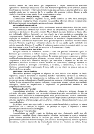 63
incluindo desvios dos eixos visuais que comprometam a função; anormalidades funcionais
significativas e diminuição da acuidade visual além da tolerância permitida; lesões retinianas, doenças
neurológicas ou musculares oculares; discromatopsia de grau acentuado. A cirurgia refrativa não gera
inaptidão, desde que, no momento da IS, o candidato não apresente restrições laborais e tenha
condições de realizar teste de aptidão física, atestado por especialista.
d) Boca, Nariz, Laringe, Faringe, Traqueia e Esôfago
Anormalidades estruturais congênitas ou não, desvio acentuado de septo nasal, mutilações,
tumores, atresias e retrações; fístulas congênitas ou adquiridas; infecções crônicas ou recidivantes;
deficiências funcionais na mastigação, respiração, fonação e deglutição.
e) Aparelho Estomatognático
Estado sanitário bucal deficiente; cáries, restaurações e próteses insatisfatórias, infecções, cistos,
tumores, deformidades estruturais tipo fissuras labiais ou labiopalatinas; sequelas deformantes de
síndromes ou de alterações do desenvolvimento Maxilo-Facial; ausências dentárias na bateria labial
sem reabilitação estética e funcional e as más-oclusões de origem dentária ou esquelética com
comprometimento funcional já instalado ou previsível sobre a mastigação, fonação, deglutição,
respiração ou associadas a desordens mio-funcionais da articulação têmporo-mandibular. Tais
condições serão consideradas incapacitantes ainda que em vigência de tratamento não efetivamente
concluído. O mínimo exigido é de vinte dentes naturais, dez em cada arcada, hígidos ou tratados com
material restaurador definitivo. O candidato deverá possuir quatro molares opostos dois a dois em cada
lado, tolerando-se prótese dental desde que apresente os dentes naturais exigidos.
f) Pele e Tecido Celular Subcutâneo
Infecções crônicas ou recidivantes, inclusive a acne com processo inflamatório agudo ou
dermatose que comprometa o barbear; micoses, infectadas ou cronificadas; parasitoses cutâneas
extensas; eczemas alérgicos; expressões cutâneas das doenças autoimunes, excetuando-se vitiligo,
manifestações das doenças alérgicas; ulcerações e edemas; cicatrizes deformantes, que poderão vir a
comprometer a capacidade laborativa; tatuagem que contrariem o disposto nas Normas para
Apresentação Pessoal de Militares da Marinha do Brasil ou façam alusão a ideologia terrorista ou
extremista contrária às instituições democráticas, a violência, a criminalidade, a idéia ou ato
libidinoso, a discriminação ou preconceito de raça, credo, sexo ou origem ou, ainda, a idéia ou ato
ofensivo às Forças Armadas.
g) Pulmões e Parede Torácica
Deformidade relevante congênita ou adquirida da caixa torácica com prejuízo da função
respiratória; infecções bacterianas ou micóticas; distúrbios ventilatórios, obstrutivos ou restritivos,
exceto episódios isolados de broncoespasmo na infância, com prova de função respiratória atual
normal, sem uso de medicação específica (é importante na anamnese a história patológica pregressa);
fístula e fibrose pulmonar difusa; tumores malignos e benignos dos pulmões e pleura, anormalidades
radiológicas, exceto se insignificantes e desprovidas de potencialidade mórbida e sem
comprometimento funcional.
h) Sistema Cárdio-Vascular
Anormalidades congênitas ou adquiridas; infecções, inflamações, arritmias, doenças do
pericárdio, miocárdio, endocárdio e da circulação intrínseca do coração; anormalidades do feixe de
condução e outras detectadas no eletrocardiograma desde que relacionadas a doenças coronarianas,
valvulares ou miocárdicas; doenças oro-valvulares; síndrome de pré-excitação; hipotensão arterial com
sintomas; hipertensão arterial; doenças venosas, arteriais e linfáticas. São admitidas microvarizes, sem
repercussão clínica.
O prolapso valvar sem regurgitação e sem repercussão hemodinâmica verificada em exame
especializado não é condição de inaptidão. Na presença de sopros, é imperativo o exame
ecocardiográfico bidimensional com Doppler.
i) Abdome e Trato Intestinal
Anormalidades da parede, exceto as diástases dos retos abdominais, desde que não
comprometam a capacidade laboral; visceromegalias; infecções, esquistossomose e outras parasitoses
graves; micoses profundas; história de cirurgias que alterem de forma significativa a função
gastrointestinal (apresentar relatório cirúrgico, com descrição do ato operatório); doenças hepáticas e
pancreáticas, exceto as desprovidas de potencialidade mórbida (ex: Síndrome de Gilbert, doença
 