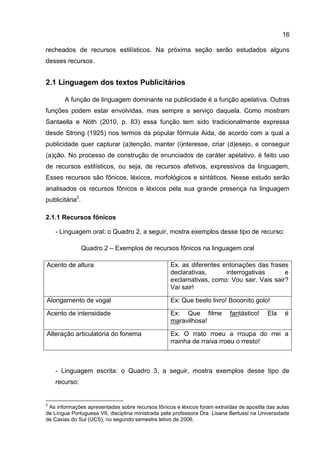 16

recheados de recursos estilísticos. Na próxima seção serão estudados alguns
desses recursos.


2.1 Linguagem dos textos Publicitários

       A função de linguagem dominante na publicidade é a função apelativa. Outras
funções podem estar envolvidas, mas sempre a serviço daquela. Como mostram
Santaella e Nöth (2010, p. 83) essa função tem sido tradicionalmente expressa
desde Strong (1925) nos termos da popular fórmula Aida, de acordo com a qual a
publicidade quer capturar (a)tenção, manter (i)nteresse, criar (d)esejo, e conseguir
(a)ção. No processo de construção de enunciados de caráter apelativo, é feito uso
de recursos estilísticos, ou seja, de recursos afetivos, expressivos da linguagem.
Esses recursos são fônicos, léxicos, morfológicos e sintáticos. Nesse estudo serão
analisados os recursos fônicos e léxicos pela sua grande presença na linguagem
publicitária2.

2.1.1 Recursos fônicos

    - Linguagem oral: o Quadro 2, a seguir, mostra exemplos desse tipo de recurso:

                 Quadro 2 – Exemplos de recursos fônicos na linguagem oral

Acento de altura                                   Ex. as diferentes entonações das frases
                                                   declarativas,      interrogativas      e
                                                   exclamativas, como: Vou sair. Vais sair?
                                                   Vai sair!

Alongamento de vogal                               Ex: Que beelo livro! Booonito golo!

Acento de intensidade                              Ex: Que filme           fantástico!     Ela    é
                                                   maravilhosa!

Alteração articulatória do fonema                  Ex. O rrato rroeu a rroupa do rrei a
                                                   rrainha de rraiva rroeu o rresto!



    - Linguagem escrita: o Quadro 3, a seguir, mostra exemplos desse tipo de
    recurso:


2
 As informações apresentadas sobre recursos fônicos e léxicos foram extraídas de apostila das aulas
de Língua Portuguesa VII, disciplina ministrada pela professora Dra. Lisana Bertussi na Universidade
de Caxias do Sul (UCS), no segundo semestre letivo de 2006.
 