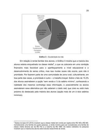 25




                               Gráfico 3 – Escolaridade da mãe

       Em relação à renda familiar dos alunos, o Gráfico 4 mostra que a maioria dos
alunos estaria enquadrada na classe média4, o que os colocaria em uma condição
financeira mais favorável para o aperfeiçoamento a nível educacional e o
desenvolvimento do senso crítico, mas isso muitas vezes não ocorre, pois não é
prioridade. Por fazerem parte de uma comunidade de zona rural, culturalmente, em
boa parte das vezes, a prioridade é outra – o trabalho braçal. Sobre o fato de 15,3%
dos alunos assinalarem a opção “sem renda a ¼ do salário mínimo”, conhecendo a
realidade dos mesmos contradigo essa informação, e possivelmente os alunos
assinalaram essa alternativa por não saberem o dado real, que creio eu está mais
próximo do destacado pela maioria dos alunos (opção mais de um à dois salários
mínimos).




4
 Dados do Ipea (G1,2010) mostram que a classe média tem renda per capita entre R$ 188 e R$ 465.
Considerando uma família de quatro pessoas, a renda mínima para ser considerada uma família de
classe média deveria ser de R$ 752 e a máxima de R$ 1860. Os dados coletados na pesquisa
mostram que a maioria dos alunos está incluída nesse limite de renda.
 