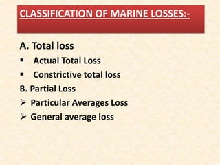 CLASSIFICATION OF MARINE LOSSES:-
A. Total loss
 Actual Total Loss
 Constrictive total loss
B. Partial Loss
 Particular Averages Loss
 General average loss
 