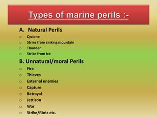 A. Natural Perils
o Cyclone
o Strike from sinking mountain
o Thunder
o Strike from Ice
B. Unnatural/moral Perils
o Fire
o Thieves
o External enemies
o Capture
o Betrayal
o Jettison
o War
o Strike/Riots etc.
 