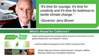 “It's time for courage, it's time for
creativity and it's time for boldness to
tackle climate change.”
-Governor Jerry Brown
Pioneer global agreement amongst states, provinces and countries to limit
global temperature rise to below 2° Celsius
Tackle California’s climate-related disasters--drought, wildfires,
flooding, biodiversity, anticipated migrations
What’s Ahead for California?
Lead the California delegation at the COP21 meeting in Paris
 