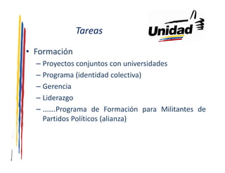 Tareas

• Formación
  – Proyectos conjuntos con universidades
  – Programa (identidad colectiva)
  – Gerencia
  – Liderazgo
  – …….Programa de Formación para Militantes de
    Partidos Políticos (alianza)
 