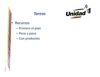 Tareas

• Recursos
  – Primero el plan
  – Poco a poco
  – Con productos
 