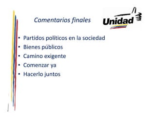 Comentarios finales

•   Partidos políticos en la sociedad
•   Bienes públicos
•   Camino exigente
•   Comenzar ya
•   Hacerlo juntos
 