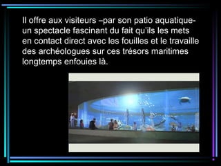 Il offre aux visiteurs –par son patio aquatique-
un spectacle fascinant du fait qu’ils les mets
en contact direct avec les fouilles et le travaille
des archéologues sur ces trésors maritimes
longtemps enfouies là.
 