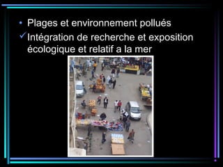 • Plages et environnement pollués
Intégration de recherche et exposition
écologique et relatif a la mer
 
