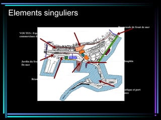 Elements singuliers
Promenade de front de mer
pêcherie
Restaurant le dauphin
Sport nautique et port
de plaisance
Jardin du front
De mer
Réaménagement des quais
Place des martyrs
VOUTES : Espaces
commerciaux de marque
 