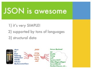 JSON is awesome
1) it’s very SIMPLE!
2) supported by tons of languages
3) structural data
 