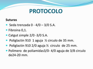PROTOCOLO
Suturas
 Seda trenzada 0 - 4/0 – 3/0 S.A.
 Fibroina 0,1.
 Catgut simple 2/0 -3/0 S.A.
 Poliglactin 910 1 aguja ½ circulo de 35 mm.
 Poliglactin 910 2/0 aguja ½ circulo de 25 mm.
 Polímero de poliamidas3/0- 4/0 aguja de 3/8 circulo
de24-20 mm.
 