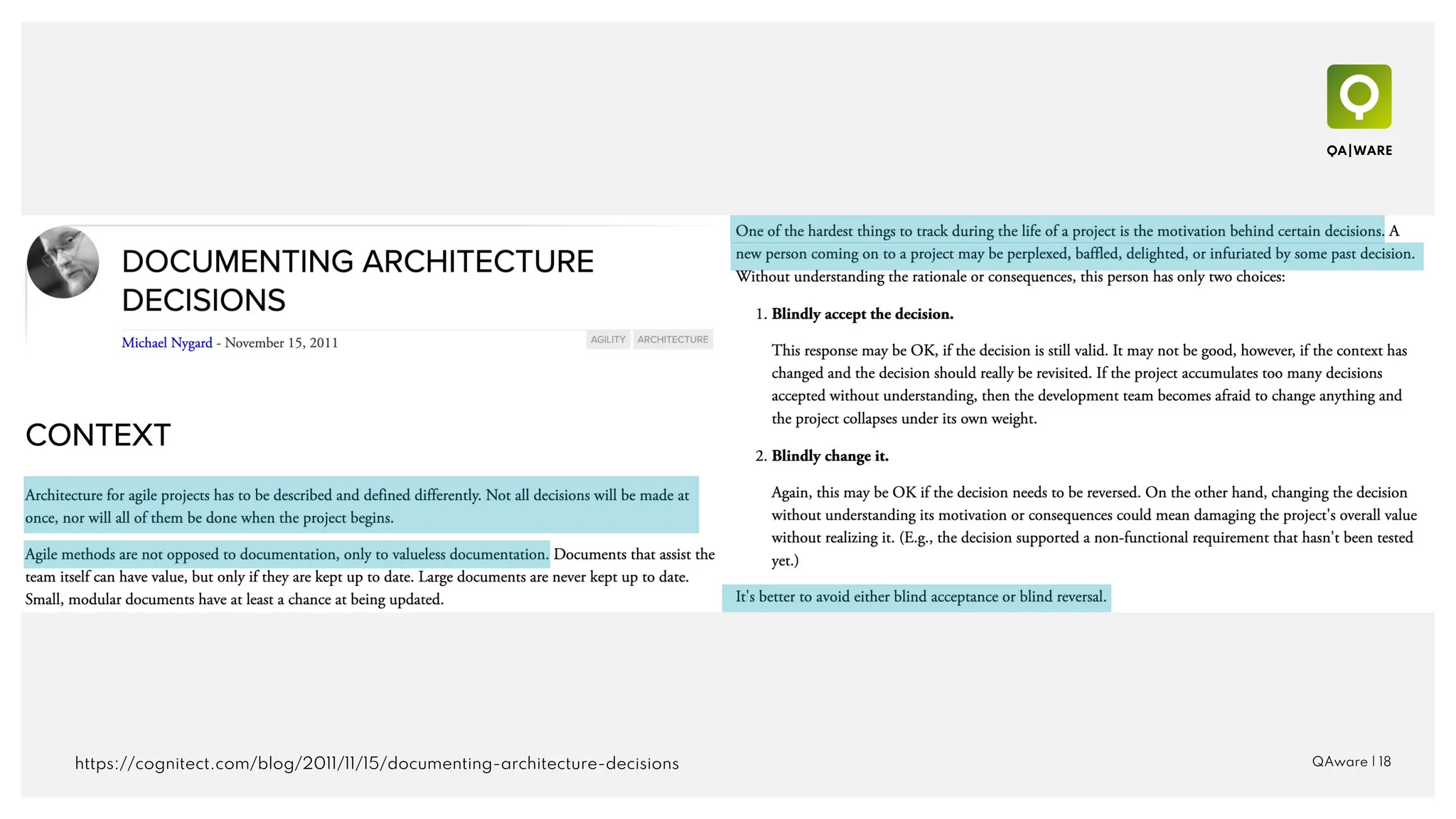 QAware | 18
https://cognitect.com/blog/2011/11/15/documenting-architecture-decisions
 