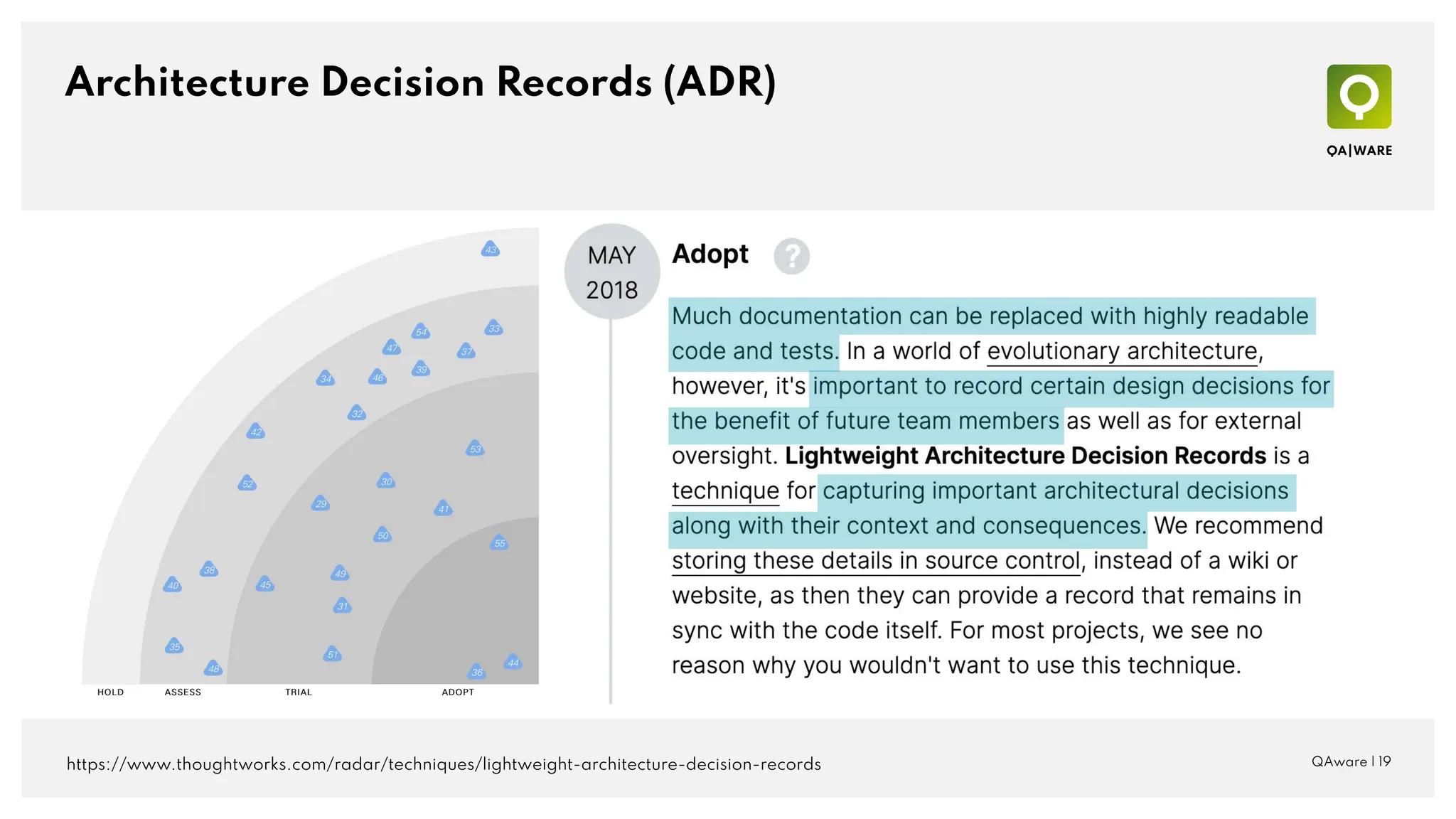 Architecture Decision Records (ADR)
QAware | 19
https://www.thoughtworks.com/radar/techniques/lightweight-architecture-decision-records
 