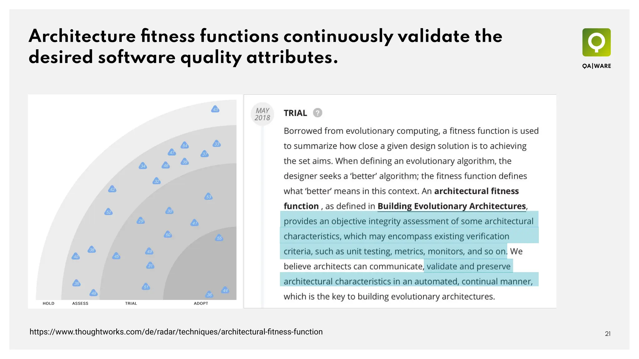 Architecture ﬁtness functions continuously validate the
desired software quality attributes.
21
https://www.thoughtworks.com/de/radar/techniques/architectural-ﬁtness-function
 