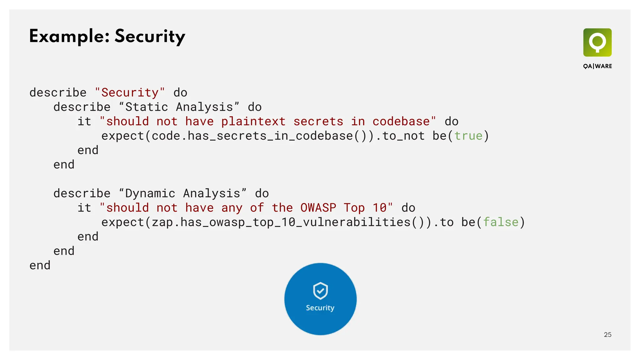 Example: Security
25
describe "Security" do
describe “Static Analysis” do
it "should not have plaintext secrets in codebase" do
expect(code.has_secrets_in_codebase()).to_not be(true)
end
end
describe “Dynamic Analysis” do
it "should not have any of the OWASP Top 10" do
expect(zap.has_owasp_top_10_vulnerabilities()).to be(false)
end
end
end
 