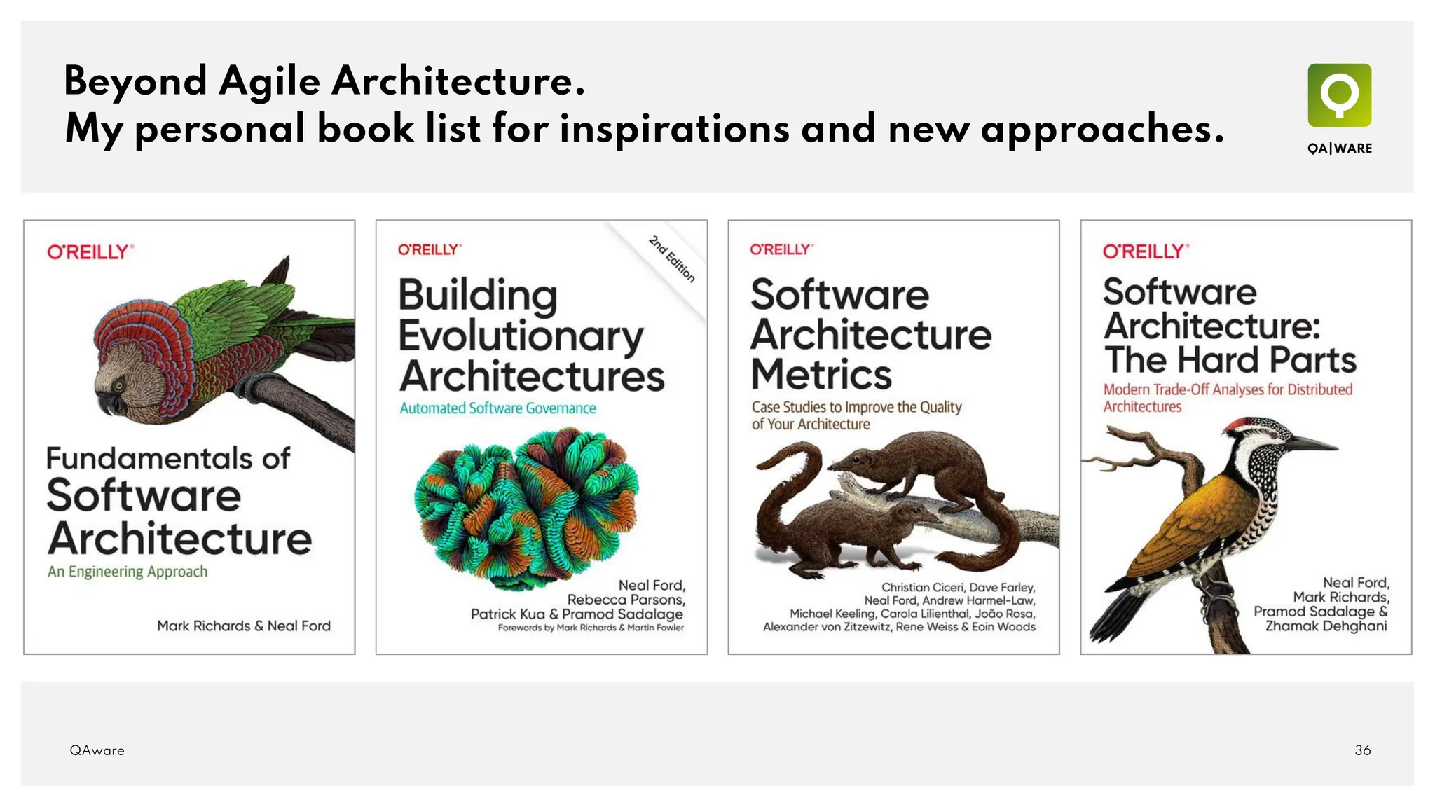 Beyond Agile Architecture.
My personal book list for inspirations and new approaches.
36
QAware
 