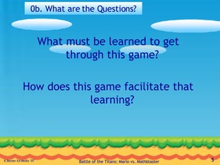 0b. What are the Questions? What must be learned to get through this game? How does this game facilitate that learning? 