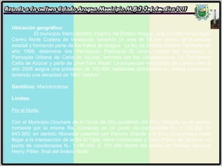 Ubicación geográfica: El municipio Mario Briceño Iragorry del Estado Aragua, está ubicado en la región Centro Norte Costera de Venezuela, teniendo un área de 54 km² dentro de la entidad estadal y formando parte de los Valles de Aragua.  La ley de División Político Territorial del año 1999, determina dos Parroquias; Parroquia El Limón, capital del municipio; y Parroquia Urbana de Caña de Azúcar, formada por las urbanizaciones La Candelaria, Caña de Azúcar y parte de José Félix Ribas. La proyección estadística del Censo para el año 2006 asigna una población de 102.654 habitantes distribuidos en ambas parroquias teniendo una densidad de 1901 hab/km². Gentilicio:  Mariobricénse Límites: Por el Norte: Con el Municipio Ocumare de la Costa de Oro, partiendo del Pico Periquito en el sentido noroeste por la misma fila, comienza en un punto de-coordenadas N.- 1.143.950, E. 643.360: en sentido Noroeste pasando por Rancho Grande y el Pico Guacamaya hasta llegar a la intersección de la fila El Tigre, cerro Chimborazo y Cerro Piedra de Turca en un punto de coordenadas N.- 1.146.000, E. 651.000 dentro del ámbito del Parque Nacional Henry Pittier, final del lindero Norte.  