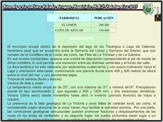 HIDROGRAFÍA: El municipio encaja dentro de la depresión del lago de los Tacarigua o Lago de Valencia, hendidura axial que se encuentra entre la Serranía del Litoral y Serranía del Interior, que son ramales de la Cordillera de la Costa; así como, las Filas de La Trinidad y de La Cabrera. En sus bordes medianales, aparece una unidad de deposición correpondiente al pié de monte de dicha cordillera, lo cual permite una transición entre las distintas vertientes y el fondo del valle. La flora tectónica ha sido rellenada por sedimentos cuaternarios y con suave inclinación hacia el Lago y orientación este-oeste, conformando una planicie fluvial entre 400 y 500 metros de altura sobre el nivel del mar  y con pendientes bajas. Tropical de sabana (lluvia y sequía). Vientos de este a oeste. La temperatura media anual es de 25°, con una máxima de 31° y minima de19°. Precipitación pluvial de tipo semihúmedo 2, que equivale a 900 y 1200 mm. y dos estaciones climáticas: Verano (clima seco) desde noviembre hasta abril; e invierno (período lluvioso) de mayo a octubre. La presencia de la falla geológica de La Victoria y otras fallas de carácter local; así como, el considerable origen aluvional de la zona, hacen muy factible la actividad sísmica.  Por una parte, las condiciones geológicas estructurales pueden promover fracturas y desplazamientos de las rocas en las áreas de vertientes; y en segundo lugar, los suelos profundos darán lugar a un efecto conocido como enfocamiento que contribuiría a la ampliación del movimiento sísmico. 150.468 CAÑA DE AZÚCAR 280.206 EL LIMÓN POBLACIÓN PARROQUIA 