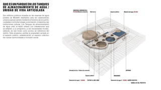 IDENTIDAD CORPORATIVA /
EN USO.Memoria colectiva
Entradas de luz / Tuberia de concreto
Espacio público
Reservorio de agua 1 / REUSO. TEATRO AL AIRE LIBRE
MIRADORES
Reservorio de agua 2 / REUSO. JARDÍN ACUATICO
ENTRADA
Hall de luz Espacio público Memoria del agua EN USO
MODELO 3D DEL PROYECTO
Son edificios públicos situados en las reservas de agua
potable de Medellín diseñados para ser catalizadores
urbanos para el cambio mediante el fomento de encuentro
ciudadanoconlatecnología,larecreación,eldeporteylas
instituciones culturas. Los Tanques de almacenamiento
de agua unen el tejido urbano con instalaciones que
se adaptan a su programa y a las necesidades locales,
saliendo de ese modo como puntos de referencia del
distrito. Este programa cambia la propiedad cerrada en
el espacio público, estableciendo un espacio colectivo
de nuevas oportunidades e inclusión social.
QUE ES UN PARQUE EN LOS TANQUES
DE ALMACENAMIENTO DE AGUA /
UNIDAD DE VIDA ARTICULADA
 