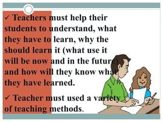  Teachers must help their
students to understand, what
they have to learn, why the
should learn it (what use it
will be now and in the future)
and how will they know what
they have learned.
 Teacher must used a variety
of teaching methods.
 