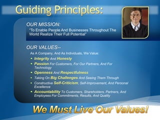 “To Enable People And Businesses Throughout The
World Realize Their Full Potential”




As A Company, And As Individuals, We Value:
  Integrity And Honesty
  Passion For Customers, For Our Partners, And For
  Technology
  Openness And Respectfulness
  Taking On Big Challenges And Seeing Them Through
  Constructive Self-Criticism, Self-Improvement, And Personal
  Excellence
  Accountability To Customers, Shareholders, Partners, And
  Employees For Commitments, Results, And Quality
 