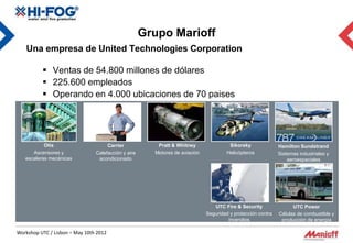 Grupo Marioff
   Una empresa de United Technologies Corporation

           Ventas de 54.800 millones de dólares
           225.600 empleados
           Operando en 4.000 ubicaciones de 70 paises




           Otis                      Carrier            Pratt & Whitney                Sikorsky              Hamilton Sundstrand
      Ascensores y              Calefacción y aire     Motores de aviación            Helicópteros           Sistemas industriales y
   escaleras mecánicas           acondicionado                                                                   aeroespaciales




                                                                                UTC Fire & Security                UTC Power
                                                                             Seguridad y protección contra   Células de combustible y
                                                                                      incendios               producción de energía

Workshop UTC / Lisbon – May 10th 2012
 