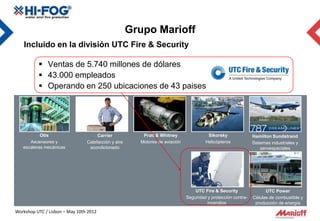 Grupo Marioff
   Incluido en la división UTC Fire & Security

           Ventas de 5.740 millones de dólares
           43.000 empleados
           Operando en 250 ubicaciones de 43 paises




           Otis                       Carrier              Pratt & Whitney                Sikorsky              Hamilton Sundstrand
      Ascensores y              Calefacción y aire        Motores de aviación            Helicópteros           Sistemas industriales y
           Otis                       Carrier              Pratt & Whitney                Sikorsky              Hamilton Sundstrand
   escaleras mecánicas            acondicionado                                                                     aeroespaciales
   Elevators, escalators     Heating, air -conditioning    Aircraft engines              Helicopters         Aerospace, industrial systems




                                                                                     UTC Fire & Security                UTC Power
                                                                                     UTC Fire & Security               UTC Power
                                                                                Seguridad y protección contra- Células de combustible y
                                                                                 Fire safety, security solutions Power systems, fuel cells
                                                                                           incendios               producción de energía
Workshop UTC / Lisbon – May 10th 2012
 