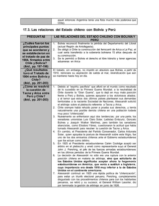 aquel entonces Argentina tenía una flota mucho más poderosa que
Chile).
17.3. Las relaciones del Estado chileno con Bolivia y Perú
PREGUNTAS LAS RELACIONES DEL ESTADO CHILENO CON BOLIVIAY
PERÚ
¿Cuáles fueron los
principales puntos
que se acordaron y
se establecieron en
el tratado de paz de
1904, firmados entre
Chile y Bolivia?
(Ibíd., pp. 197-198)
1. Bolivia reconoció finalmente la pérdida del Departamento del Litoral
(actual Región de Antofagasta).
2. Se obligó a Chile la construcción del ferrocarril de Arica a La Paz, el
cual sería transferido a la soberanía boliviana 15 años después de
su construcción.
3. Se le permitió a Bolivia el derecho al libre tránsito y tener agencias
aduaneras en Arica
¿Qué resultados
tuvo el Tratado de
1904 entre Bolivia y
Chile?
(Ibíd., pp. 201-203)
El tratado, sin embargo, no impidió en absoluto que Bolivia, a partir de
1910, reiniciara su aspiración de salida al mar, reivindicación que aún
se mantiene hasta hoy en día.
¿Cómo se resolvió
la cuestión de
Tacna y Arica entre
Perú y Chile?
(Ibíd., pp. 201-203)
1. Debido al “espíritu pacifista” que afloró en el mundo como resultado
de lo sucedido en la Primera Guerra Mundial; a la neutralidad de
Chile durante la “Gran Guerra”, que lo dejó en muy mala posición
frente a Perú y Bolivia, quienes apoyaron a los victoriosos aliados;
y al temor que estos dos últimos países plantearan sus demandas
territoriales a la naciente Sociedad de Naciones; Alessandri solicitó
el arbitraje sobre el plebiscito referente a Tacna y Arica.
2. Chile siempre había rehuido poner a prueba sus derechos, y temía
naturalmente una posible derrota chilena en una población todavía
muy poco “chilenizada”.
3. Nuevamente se enfrentaron aquí dos tendencias; por una parte, los
senadores unionistas Luis Claro Solar, Ladislao Errázuriz, Gonzalo
Bulnes y Joaquín Walker Martínez, pero también los senadores
aliancistas, como Eliodoro Yánez, cuestionaron la actitud que había
tomado Alessandri para resolver la cuestión de Tacna y Arica.
4. En cambio, el Presidente del Partido Conservador, Carlos Aldunate
Solar, quien apoyaba la postura de Alessandri sobre este litigio, fue
uno de los dos emisarios chilenos ante el Gobierno estadounidense
que iba actuar como árbitro.
5. En 1925 el Presidente estadounidense Calvin Coolidge aceptó ser
árbitro en el plebiscito y envió como representante suyo al General
John J. Pershing, el jefe de las fuerzas armadas estadounidenses
en los últimos períodos de la Primera Guerra Mundial.
6. La decisión de Alessandri no sólo era una ruptura con la anterior
posición chilena en materia de arbitraje, sino que solicitarlo de
los Estados Unidos significaba aceptar ahora la hegemonía
estadounidense en América, que venía a sustituir a Inglaterra,
cuya importancia era desde 1918 muy inferior a la de Estados
Unidos en el continente americano.
7. Alessandri continuó en 1925 una rápida política de “chilenización”,
para evitar un triunfo electoral peruano; Pershing, completamente
disgustado con los procedimientos chilenos para con los habitantes
peruanos, se retiró y su sucesor, el General William Lassiter, dio
por terminada la gestión de arbitraje en junio de 1926.
 