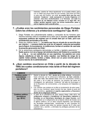 interiores; carente de “virtud republicana” en el pueblo chileno, pero
con un deber que recae sobre los que mandan, para hacer de Chile
un gran país del Pacífico; por ende, se puede decir que fue una
creación “moderna”, nada semejante al mundo hispánico ni
colonial, más bien centralizadora a la francesa, con toda la
fragilidad de los Estados recién nacidos en el siglo XIX, sin
ningún sentido sagrado como los reinos medievales; pese a
ello el régimen duró unos 60 años.
7. ¿Cuáles eran los sentimientos personales de Diego Portales
sobre los chilenos y la aristocracia santiaguina? (pp. 46-47)
1. Diego Portales era suficientemente realista y conocedor de los hombres para
hacerse ilusiones sobre la moralidad de la clase que lo apoyaba, puesto que los
supuestos políticos del régimen por él creado iban por un lado, pero sus
sentimientos personales eran otros.
2. Sobre los chilenos decía: “[…] la manía que hay en mi país de no servirlo sino
por interés […] conozco tanto las uvas de mi majuelo, estoy tan persuadido
que la flojera, la inconstancia, la indiferencia, forman el carácter de casi toda
la presente generación de Chile”.
3. De la aristocracia santiaguina demostraba un terrible y lapidario pesimismo: “…
Nadie quiere vivir sin el apoyo del elefante blanco del Gobierno y cuando los
h… y las p… no son satisfechos en sus caprichos, los pipiolos son unos
dignos caballeros al lado de estos cojudos. Las familias de rango de la
capital, todas jodidas, beatas y malas, obran con un peso enorme para la
buena marcha de la administración”.
8. ¿Qué cambios ocurrieron en Chile a partir de la década de
1860,los cuales condicionarían más tarde el final del régimen
portaliano?
CAMBIOS DESCRIPCIÓN
Cambios socio-
económicos
(pp. 48-49)
1. Desde la década de 1860, dentro de la élite chilena, compuesta
hasta entonces por la aristocracia latifundista, se iban uniendo,
cada vez más, los nuevos ricos como los empresarios mineros
del cobre y de la plata de Atacama; los pioneros del salitre de
Antofagasta; los agricultores “modernos” del valle de Aconcagua y
de la Araucanía; los comerciantes; y los banqueros de Valparaíso y
Santiago.
2. Los cambios que produjo en la élite la incorporación de este nuevo,
pero no muy numeroso, grupo humano fue que, desde el punto de
vista económico, aportaron el espíritu especulativo y financiero
dentro de la oligarquía chilena.
Cambios político-
ideológicos
(pp. 50-51)
1. A partir de la presidencia de José Joaquín Pérez (1861-1871), la
aristocracia empezó a transformar su liberalismo instintivo y
frondista en un liberalismo ideológico de origen francés, que
se manifestó en el aflojamiento de la relación oficial del Estado con
la Iglesia católica y en un vasto conjunto legislativo, que restringía
las facultades presidenciales, transformaba el voto censitario en
sufragio universal para todos los varones mayores de 21 años que
supiesen leer y escribir, y eliminaba los privilegios judiciales de los
eclesiásticos.
 