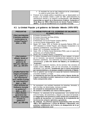  El resultado fue que el nivel intelectual de las universidades
no subió un punto entre 1967 y 1973.
2. Producto de la oleada política izquierdista que se desencadenó en
Europa y los Estados Unidos a partir de 1967, particularmente el
neomarxismo francés y el maoísmo occidentalizado, una fracción
izquierdista se separó de la Democracia Cristiana, fundando el
19 de Mayo de 1969 el Movimiento de Acción Popular Unitaria
(MAPU), el cual se transformaría en un partido marxista.
4.3. La Unidad Popular y el gobierno de Salvador Allende (1970-1973)
PREGUNTAS LA UNIDAD POPULAR Y EL GOBIERNO DE SALVADOR
ALLENDE (1970-1973)
¿Qué movimientos
y partidos políticos
conformaron la
Unidad Popular?
(Ibíd., p. 255)
1. El Partido Socialista (PS).
2. El Partido Comunista de Chile (PCCh).
3. El Partido Radical (PR).
4. El Movimiento de Acción Popular Unitaria (MAPU).
5. La Acción Popular Independiente (API).
6. Desde 1971 hasta 1972, el Partido de Izquierda Radical (PIR); en
1972 abandonó la Unidad Popular, para después incorporarse a la
opositora Confederación de la Democracia (CODE).
7. Desde 1971, la Izquierda Cristiana (IC).
8. Hasta 1972, el Partido Social Demócrata (PSD), pues en aquel año
se fusionó con el Partido Radical.
9. Desde 1973, el MAPU Obrero y Campesino.
¿Qué postura
adoptó, desde el
comienzo, el
gobierno de
Salvador Allende?
(Ibíd., pp. 255-257)
1. La política orientada hacia el socialismo no iba a adoptar, al menos
por el momento, una posición inmediatamente destructora de las
empresas capitalistas, sino solamente una actitud antimonopólica y
antimperialista; y todo ello dentro del Estado y la Constitución
“burgueses”.
2. A pesar de la oposición maoísta y de los sectores más cercanos al
modelo cubano; Allende, junto con los comunistas, los socialistas
oficialistas y los radicales, consideraba que lo hacía meramente
por razones tácticas y no porque aceptara realmente el Estado.
¿Cuáles fueron los
rasgos principales
de su gobierno y
qué importancia
tuvo, desde el punto
de vista histórico?
(Ibíd., p. 254)
1. Fue un gobierno que se ligó a la causa del marxismo internacional,
a la Unión Soviética y a Cuba.
2. La importancia que tuvo fue que Chile entró a figurar dentro de
la guerra ideológica mundial, escenario en el que el país jamás
había comparecido antes.
¿Qué acciones se
realizaron durante
su gobierno?
(Ibíd., p. 257)
1. Se expropiaron una cantidad importante de industrias, formando, a
partir de ellas, los denominados sectores sociales.
2. Se completó la nacionalización del cobre.
3. Se aceleró e intensificó aún más la reforma agraria.
¿Qué efectos
generaron las
medidas adoptadas
durante su
gobierno?
(Ibíd., pp. 258-259)
1. Producto, no solamente de las expropiaciones, sino también de la
toma de fundos, del aislamiento y ataques a las casas de hacienda;
la inseguridad rural provocó la caída vertical de la producción,
la subida de los precios, y el incremento de la importación de
los bienes de consumo agrícolas y ganaderos.
2. No obstante, las reformas agrarias implantadas entre los años
1960 y 1973 significaron, a juicio de Markos J. Mamalakis, una
profunda redistribución de la tierra y la desaparición de la ya
debilitada aristocracia rural.
 