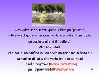 Una volta soddisfatti quindi i bisogni “primari”,  il livello sul quale è necessario dare un riferimento più circostanziato  è il livello di   AUTOSTIMA che non si identifica in una scala metrica ma si basa sul concetto di sè  e che varia tra due estremi quello negativo ( bassa autostima ) quello positivo ( alta autostima ) 