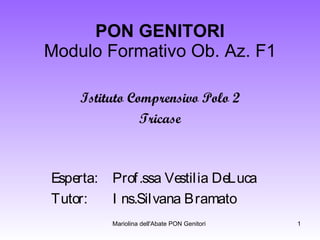 PON GENITORI Modulo Formativo Ob. Az. F1 Istituto Comprensivo Polo 2 Tricase Esperta:  Prof.ssa Vestilia DeLuca Tutor:  Ins.Silvana Bramato 