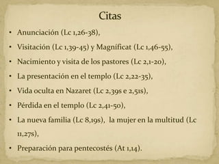 • Anunciación (Lc 1,26-38),
• Visitación (Lc 1,39-45) y Magníficat (Lc 1,46-55),
• Nacimiento y visita de los pastores (Lc 2,1-20),
• La presentación en el templo (Lc 2,22-35),
• Vida oculta en Nazaret (Lc 2,39s e 2,51s),
• Pérdida en el templo (Lc 2,41-50),
• La nueva familia (Lc 8,19s), la mujer en la multitud (Lc
11,27s),
• Preparación para pentecostés (At 1,14).
 