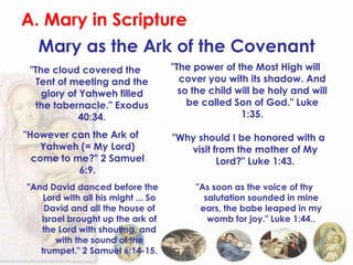 A. Mary in Scripture
  Mary as the Ark of the Covenant
 "The cloud covered the              "The power of the Most High will
   Tent of meeting and the             cover you with its shadow. And
    glory of Yahweh filled             so the child will be holy and will
  the tabernacle." Exodus                be called Son of God." Luke
             40:34.                                  1:35.

"However can the Ark of              "Why should I be honored with a
   Yahweh (= My Lord)                   visit from the mother of My
  come to me?" 2 Samuel                        Lord?" Luke 1:43.
           6:9.
"And David danced before the              "As soon as the voice of thy
    Lord with all his might ... So          salutation sounded in mine
    David and all the house of             ears, the babe leaped in my
   Israel brought up the ark of              womb for joy." Luke 1:44..
   the Lord with shouting, and
       with the sound of the
   trumpet." 2 Samuel 6:14-15.
 