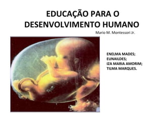 EDUCAÇÃO PARA O
DESENVOLVIMENTO HUMANO
             Mario M. Montessori Jr.




                   ENELMA MADES;
                   EUNAILDES;
                   IZA MARIA AMORIM;
                   TILMA MARQUES.
 