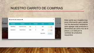 NUESTRO CARRITO DE COMPRAS
Este carrito aun muestra muy
poca información pero cuenta
con los elementos necesarios
para agregar mas productos o
eliminarlos así como nos da el
precio y un total por la
cantidad de productos
requeridos
 