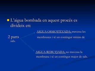 L’aigua bombada en aquest procés es divideix en: AIGUA OSMOTITZADA:  travessa les 2 parts  membranes i té un contingut mínim de sals.  AIGUA REBUTJADA:  no travessa la membrana i té un contingut major de sals. 