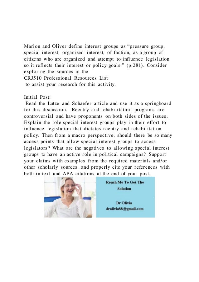 Marion and Oliver define interest groups as pressure group, spe PDF
