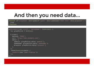 <button id="playGame" data-gameid="game1" data-gamename="Demo Game" data-players="1">
Play
</button>
And then you need data...And then you need data...
$(document).on('click', '#playGame', function() {
var playButton = $(this);
$.ajax({
method: "POST",
url: "http://www.example.com",
data: {
gameId: playButton.data('gameid'),
gameName: playButton.data('gamename'),
players: playButton.data('players')
}
})
.done(function(data) {
console.log('Game Playing');
});
});
 